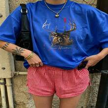 Heartfelt Daily Casual Graphic T-Shirt 100% Cotton Oversized Soft Breathable Casual Crewneck Short Sleeve Top Vintage Aesthetic Red Checkered Shorts Street Style Fashion Lovers Casual Wearers Daily Outfit Enthusiasts Gift Givers - 藍色 - 查看 18