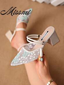 Summer New Rhinestone Fashion Mesh Elegant Ankle Strap High Heel Sandals For Women - Green - View 1