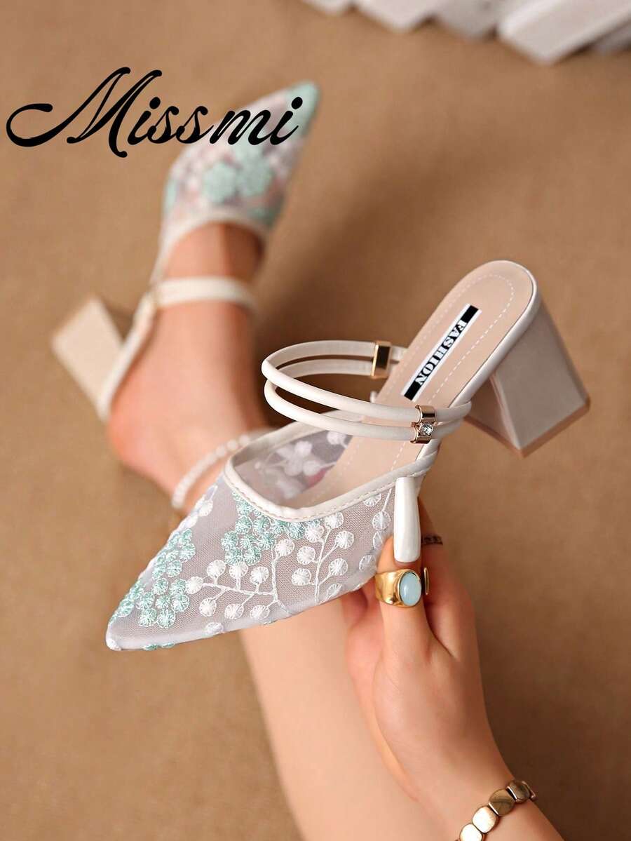 Summer New Rhinestone Fashion Mesh Elegant Ankle Strap High Heel Sandals For Women - Green - View 1