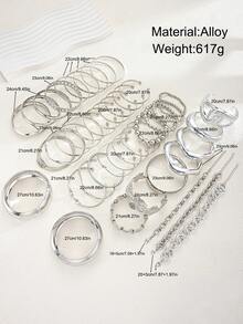 5/15/30pcs Punk Old Money Style Silver Flower Geometric Thick Bangle Set, Women's Beach Party Gift (Random Style) - Silver - View 4