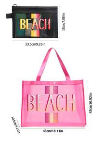 Mesh Strandtasche und kleine Tasche Set, Muster mit Sommer "BEACH" Muster, voller Sommer-Vibes, enthält Einkaufstasche, Strandtasche, hawaiianischer Stil transparente Aufbewahrungstasche, Reise-Kulturtasche, Strand-Tragetasche, lässige Urlaubstasche, Kosmetik-Aufbewahrungstasche, geeignet für Schule, Urlaub, Feiertage und Schulanfang, ideales Geschenk für Freunde und Lehrer, auch geeignet für Geburtstage, Partys, Sommer, Urlaub, Feiertage und Hochzeiten - Schwarz - Übersicht 11