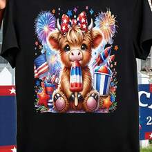 [Diseño Genial] Camisetas Divertidas para Hombre, Tallas Grandes, Diseño de Camiseta con Estampado de Vaca Highland, Fuegos Artificiales y Helado para el 4 de Julio, Estilo Urbano de Moda, C - negro - Ver 2