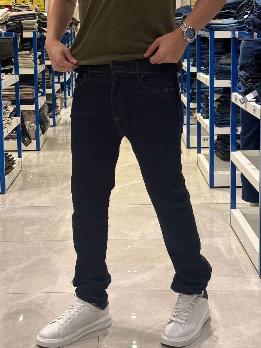 Men's Slim Fit Denim Jeans With Elastane And Lycra - 基本藍 - 查看 1