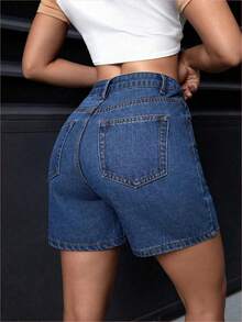 WNS  PETITE Shorts vaqueros casuales de diario con bolsillos y botones para mujer - Lavado ligero - Ver 4