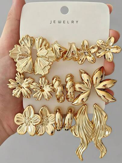 6/18PCS Fashion Personalized Charm Symmetrical Leaf, Five-Petal Flower, Preserved Flower, Lily, Geometric Multi-Style Women's Gold Earring Set, Daily Wear, Gift For Family And Friends