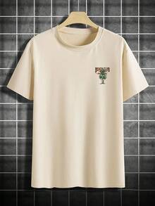 Men's Round Neck Short-Sleeved T-Shirt With Coconut Tree Pattern And Letter Print, Suitable For Summer Casual Sports. - White - View 8