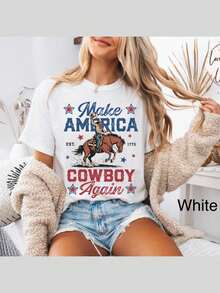 Western Style 4th Of July T-Shirt, 'Make America Cowboy Again' T-Shirt, Cowboy T-Shirt, Patriotic 4th Of July Top, T-Shirt With The American Flag - 白色 - 查看 1