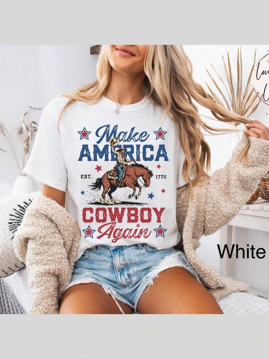 Western Style 4th Of July T-Shirt, 'Make America Cowboy Again' T-Shirt, Cowboy T-Shirt, Patriotic 4th Of July Top, T-Shirt With The American Flag - 白色 - 查看 1