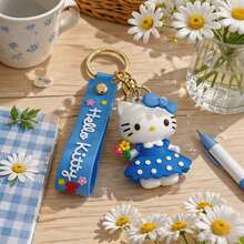 Miniso Sanrio Hello Kitty 卡通角色鑰匙圈，手持花束、藍色波點洋裝吊飾，錢包手提包配件裝飾品 - 藍色的 - 查看 4