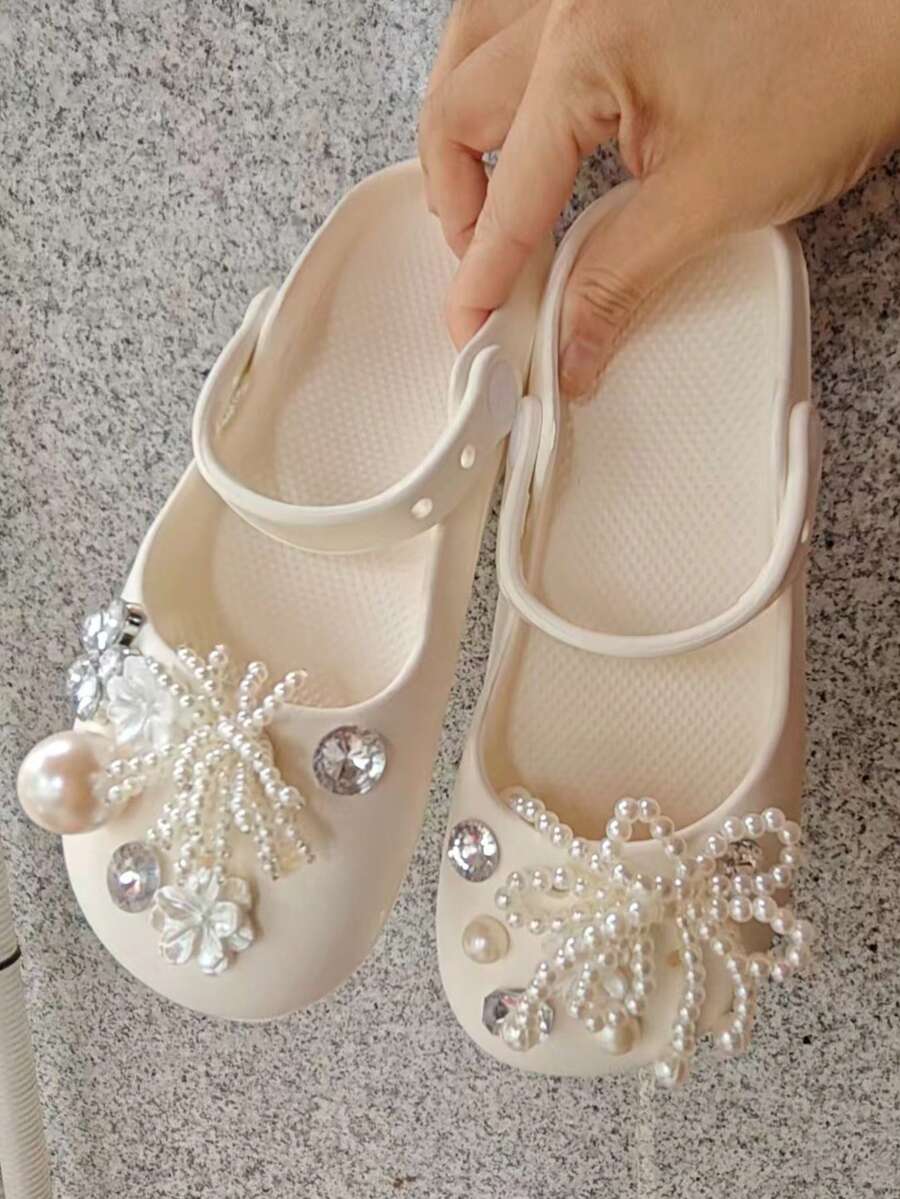 Women's Thick Sole Butterfly Pearl Flower Decor Korean Style Summer Mary Jane Ballet Clogs Versatile (Different Batches Have Different Sole Patterns, This Size Runs Small By One Size)