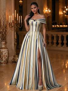 Gaun Pesta Maxi Bergaris Lengan Kelelawar Bahu Terbuka dari Kain Tenun Elegan dengan Belahan, Cocok untuk Pernikahan Wanita - Hijau - View 1