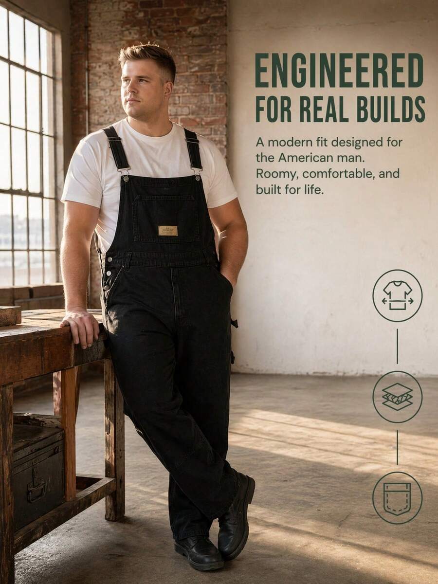 Black Washed Denim Overalls For Men, Adjustable Strap Wide Leg Workwear Bib Jumpsuit - Black - View 1