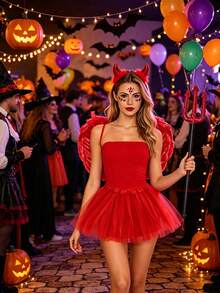 Set Kostum Setan Kecil Merah Halloween 4pcs/Set, Termasuk Bando Setan Merah, Sayap Merah, Garpu Setan, Rok Tulle Merah, Cocok Untuk Acara Liburan, Pesta Tema, Pesta Topeng, Pertunjukan Panggung, Kostum Halloween, Properti Cosplay - beraneka warna - View 5
