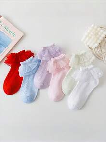 2雙女童/幼童毛絨荷葉邊及膝襪:公主派對洋裝、生日、學校及日常休閒襪 - 彩色 - 查看 3