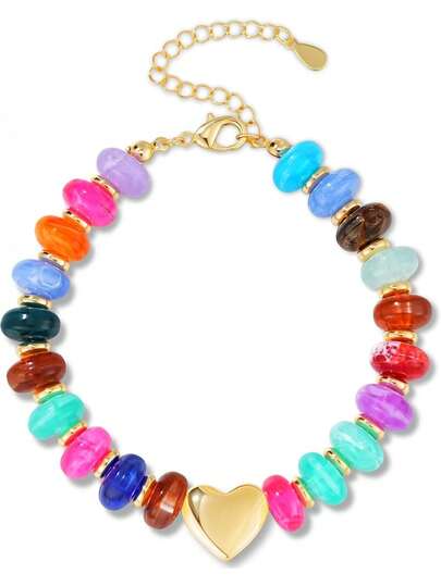 Pulsera de cuentas para mujer, de moda y personalizada, colores vibrantes, cuentas grandes de acrílico en forma de corazón, adecuada para el estilo de vacaciones bohemias de playa de verano, joyería para mujer