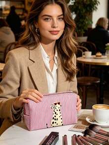Pink Striped Tote Bag And Cosmetic Bag, Cute Dalmatian Print Reusable Shopping Bag, Travel Toiletry Bag, Red And White, Hand Washable, Summer Vibe - Multicolor - View 3