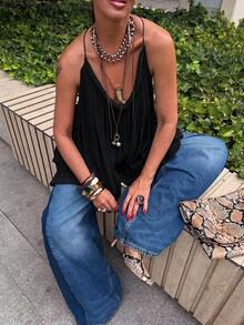 Elegaris Atasan Crop Top Halter Neck Kasual Warna Polos Ringan, Gaya Pantai Bohemian Musim Panas Hitam - Hitam - View 6