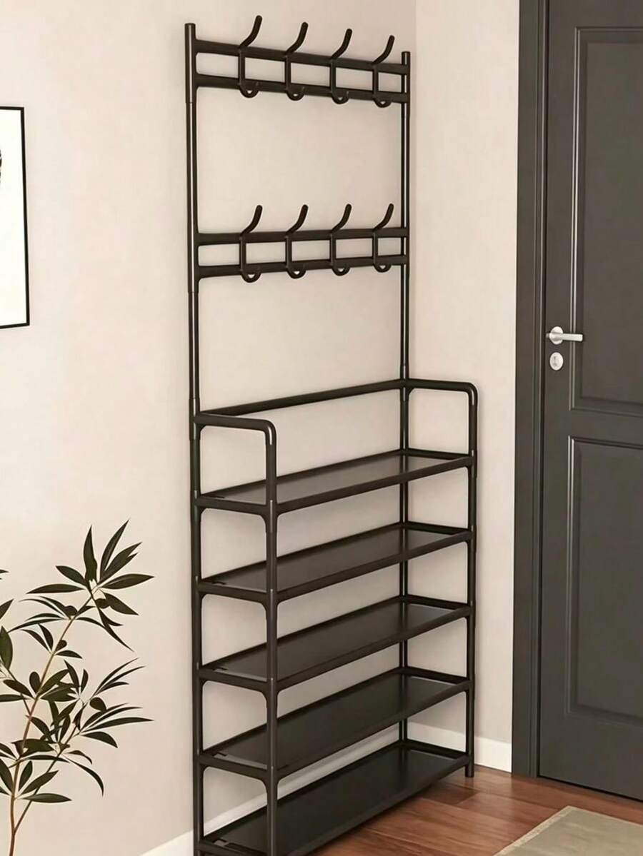 1 Multi-Functional Iron Art Coat And Shoe Rack, 4/5 Tiers, With 8 Hooks - Easy Assembly, Black/White Shoe Rack, Shoe Storage Rack