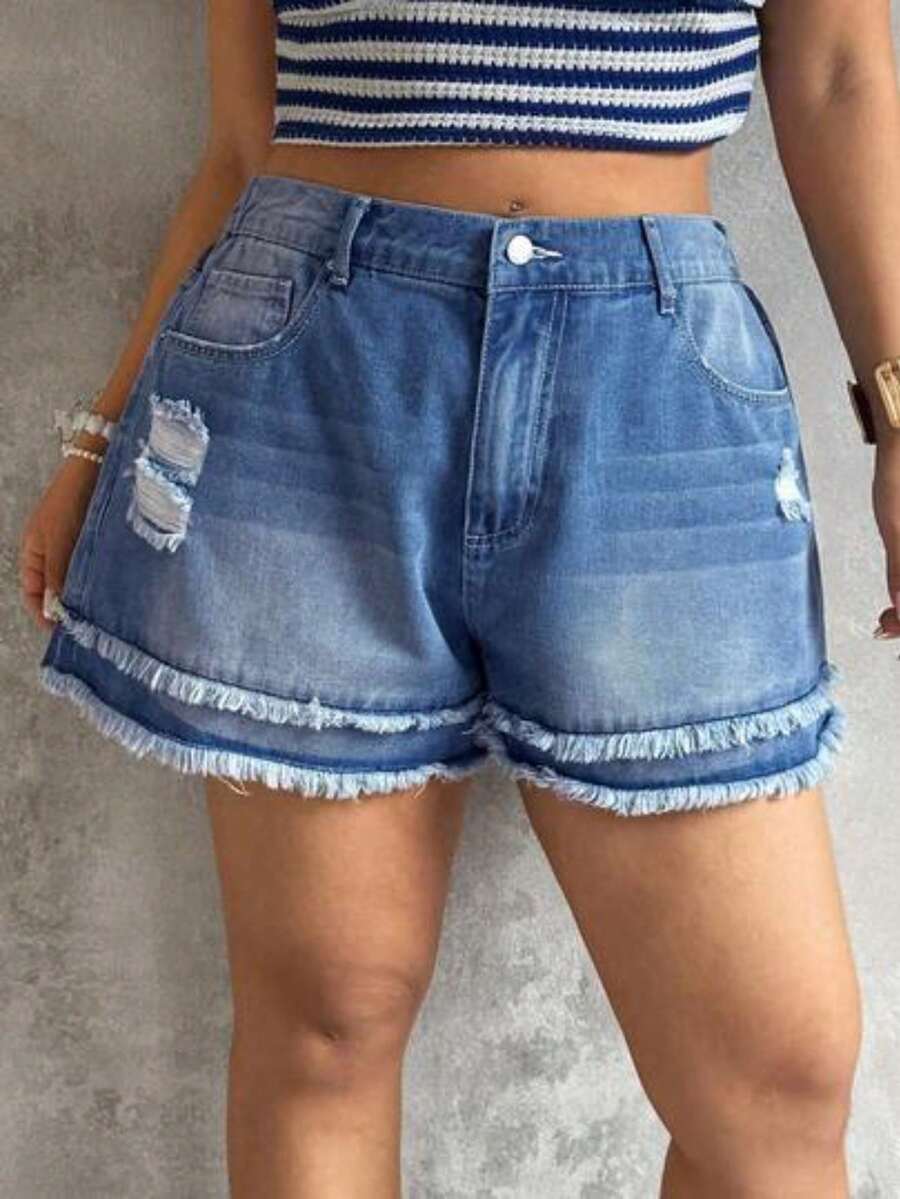 Shorts vaqueros de talla grande con lavado, desgastados y dobladillo deshilachado para el verano - Azul - Ver 1