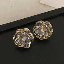 2pcs/Set Kancing Manset Pakaian Wanita Motif Bunga Kamelia Warna-warni, Set Kancing DIY, Aksesori Kancing Kerah Kemeja Serbaguna, Kancing Jepret Berlian Imitasi Bunga Biru untuk Manset Kemeja Wanita - A - View 11