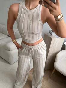 Women's Fitted Tank Top With Contrast Stitching Cropped Top And Wide Leg Pants 2 Pieces Set - Apricot - View 5