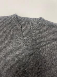 Women's Minimalist V-Neck Long Sleeve Loose Solid Color Blouse, Versatile Casual Knit Sweater For Commuting - Grey - View 7
