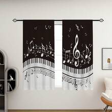 2pcs Black And White Piano Keys And Musical Notes Pattern Curtains, 2D Flat Print, Translucent, Suitable For Music Room, Bedroom And Living Room, Modern Music Theme Home Decor, Machine Washable - Multicolor - View 11