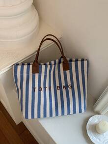New Large Capacity Letter Decor Stripes Handbag, Multifunctional Commuter Tote Bag With Dual Handles For Women, Suitable For Commute,Beach Vacation - Blue - View 9