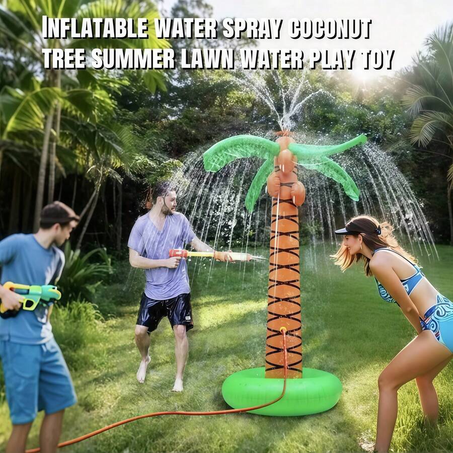 1PC 61 Inch Coconut Tree Shaped Water Fountain - Outdoor Lawn Sprinkler Prop | Backyard, Pool And Outdoor Water Prop - Hawaiian Party Decoration Coconut Tree, Summer Lawn Inflatable Sprinkler, Summer Cooling Device | Water Park Equipment | Quick Inflation Design | Family Backyard Party Essential | Tropical Style Water Prop - Multicolor - View 1
