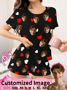 2pcs Customized Face Photo Heart Print Women's Pajama Set, Casual Loungewear, Anniversary Gift - Black - View 2