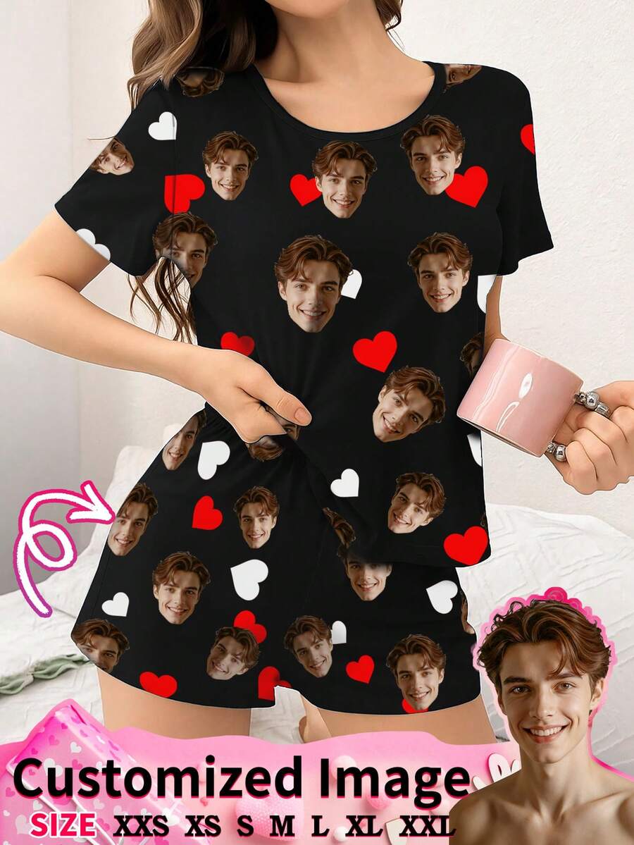 2pcs Customized Face Photo Heart Print Women's Pajama Set, Casual Loungewear, Anniversary Gift