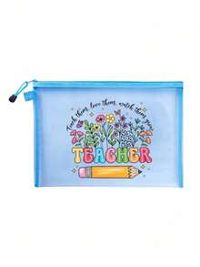 Colorful Floral "Teacher" Design Teacher-Themed Mesh Makeup Bag - Zippered Travel Organizer Bag For Cosmetics, Multi-Purpose Makeup Bag, Organizer Bag, Portable Makeup Storage Bag, Jewelry Accessories, Perfect For Back To School, Birthday, Holiday, Teacher's Day And Other Teacher Gifts, Creative Teacher Gift - Multicolor - View 13