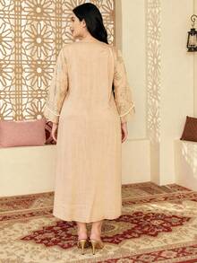 Heavy Gold Embroidery Arabic Women's Summer Apricot Elegant Dress, JALABIA 9/10 Flare Sleeve Fashion Luxury Creative, Summer Casual Travel Outfit - Apricot - View 10