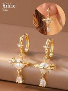 Hihho 1 Pair Luxury Style Romantic Dreamy Four-Pointed Star Zirconia Inlaid Pearl With Teardrop Zirconia Pendant Earrings, Suitable For Women's Daily Commute Wear - Star - View 2