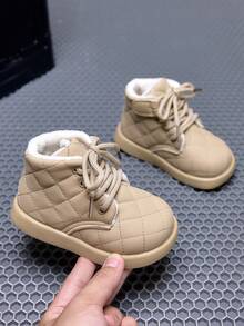 1 Pair Kids' Autumn/Winter Diamond Quilted Thermal Lined Ankle Boots, Soft Sole Anti-Slip Warm Lace-Up Snow Boots For Boys And Girls - Khaki - View 2