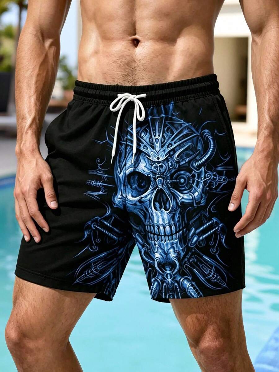 Plus Size Men's Casual Skull Print Beach Shorts - Blue - View 1