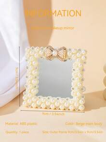 1pc Vintage Pearl Crystal Bow Desktop Makeup Mirror, Cute Heart/Round/Square Desktop Makeup Mirror, Suitable For Bedroom Vanity And Dorm Decor, Ideal Gift For Women - Beige - View 11