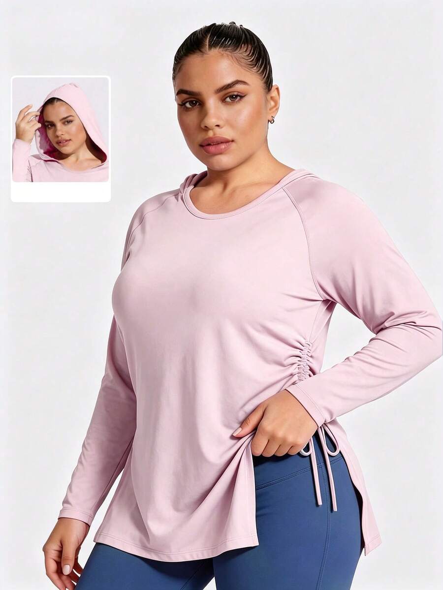 Plus Size Women's Long Sleeve Hooded Top, Solid Pink, Side Ruched, Side Slit, Loose Fit, Soft, Yoga Casual Sports