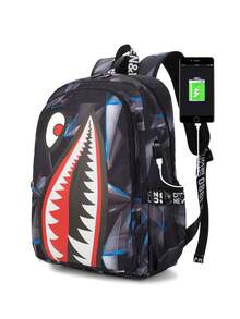 Shark Mouth Print Backpack With USB Charging Port, Large Capacity Laptop Bag For Gen Z Students, Back To School Campus Essential, Street Style, Trip - Multicolor - View 17