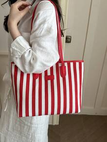 Fashionable Large Capacity Striped Handbag, Shoulder Bag, Tote Bag, Suitable For Women Shopping, Commuting And Daily Use - Red - View 4
