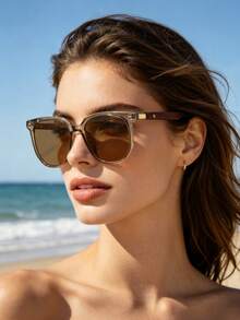 1 par de gafas de moda decorativas para mujer, adecuadas para uso diario, vacaciones de verano en la playa, actividades al aire libre, viajes, estilo bohemio con estampado de leopardo y carey, marco cuadrado de gran tamaño, adecuadas para vacaciones, playa, viajes - Marrón - Ver 6
