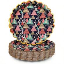 Platos de papel de Navidad, 50 unidades de platos de cena navideos desechables, dorados con bordes festoneados, suministros de - Árboles de Navidad coloridos - Ver 1