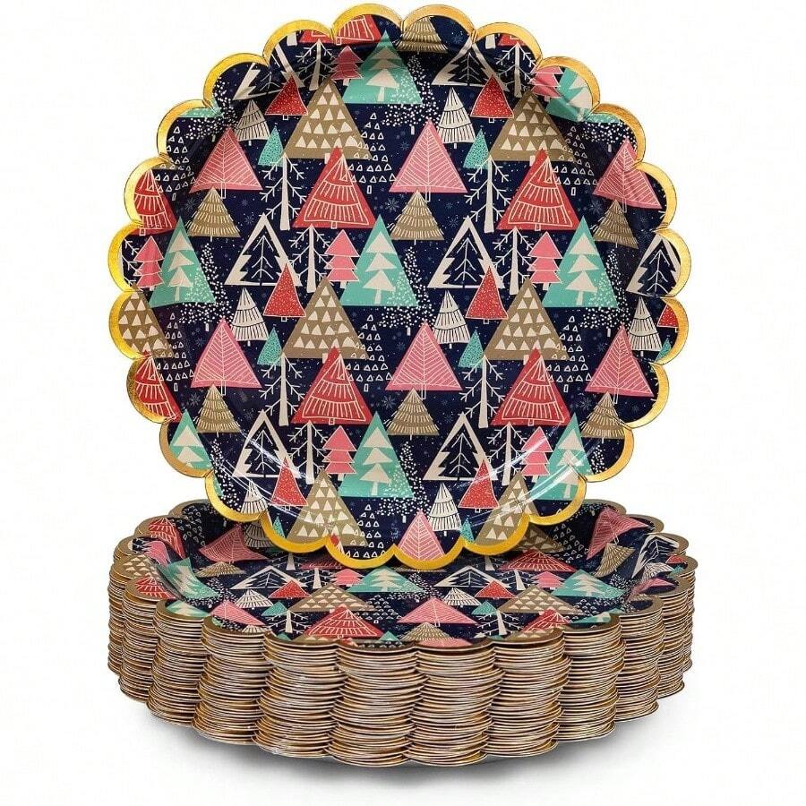 Platos de papel de Navidad, 50 unidades de platos de cena navideos desechables, dorados con bordes festoneados, suministros de - Árboles de Navidad coloridos - Ver 1