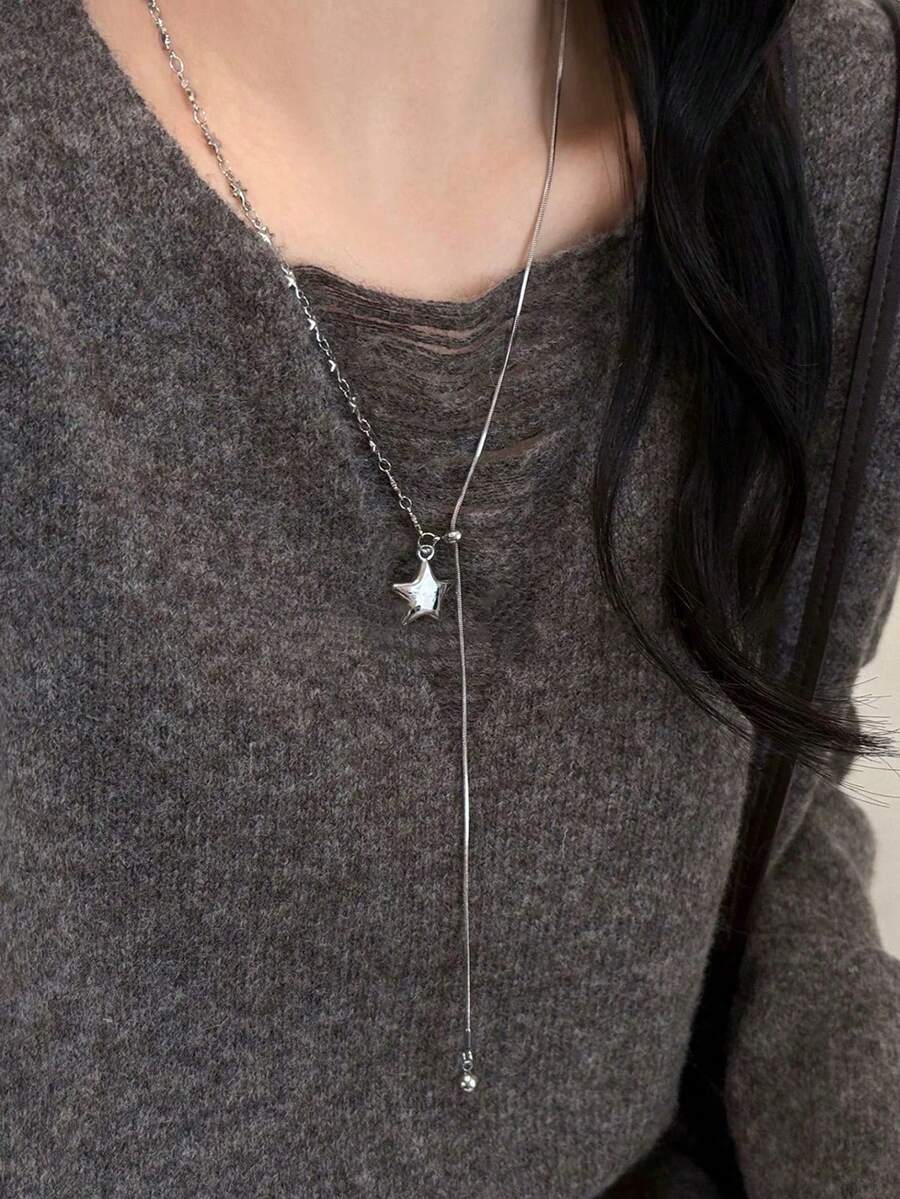 1件韓式不對稱星星吊墜項鍊,長毛衣鍊條,小眾奢華女裝飾品,適合日常佩戴 - 銀色 - 查看 1