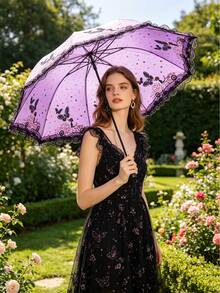 Butterfly Lace Edge Black Parasol, Dual-Use For Sun And Rain, UV Protection Sun Umbrella With Vintage Lace Trim, Lightweight And Compact, Suitable For Beach, Travel, Daily Commute, Outdoor Walks, Perfect For Women, Girls, Ladies, Great Father's Day Gift, Independence Day Essential, Graduation Season Essential, Summer Accessory - Multicolor - View 6
