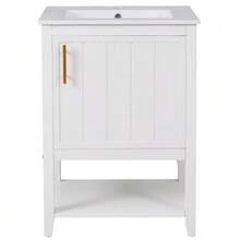 Mueble de baño con lavabo individual, mueble de lavabo de 60 cm con lavabo de cerámica y estante, blanco. - Blanco - Ver 9