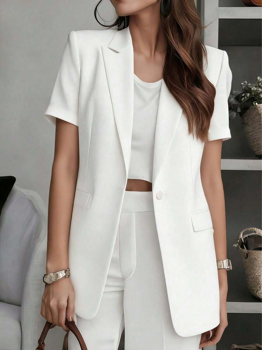 Blazer à manches courtes unicolore pour femmes, veste à col avec boutons et poches, style business décontracté pour le bureau, les trajets, la maison, le quotidien, printemps, été, automne - chemise blanche à manches courtes - Voir 1