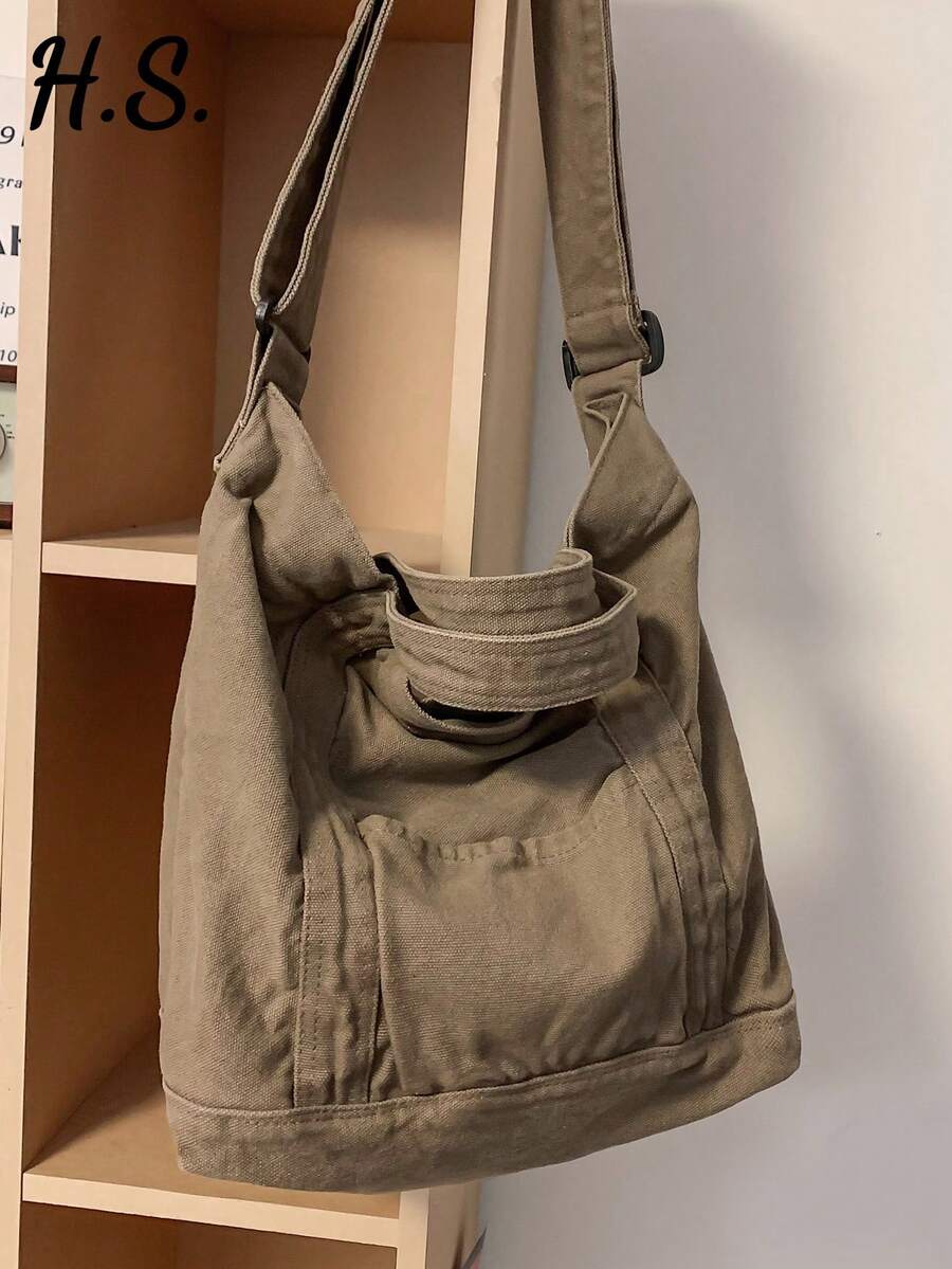 Casual Retro Thick Washed Canvas Tote Bag, Large Capacity Foldable Handbag, Shoulder Bag Suitable For Daily Use, College/University Student - Khaki - View 1