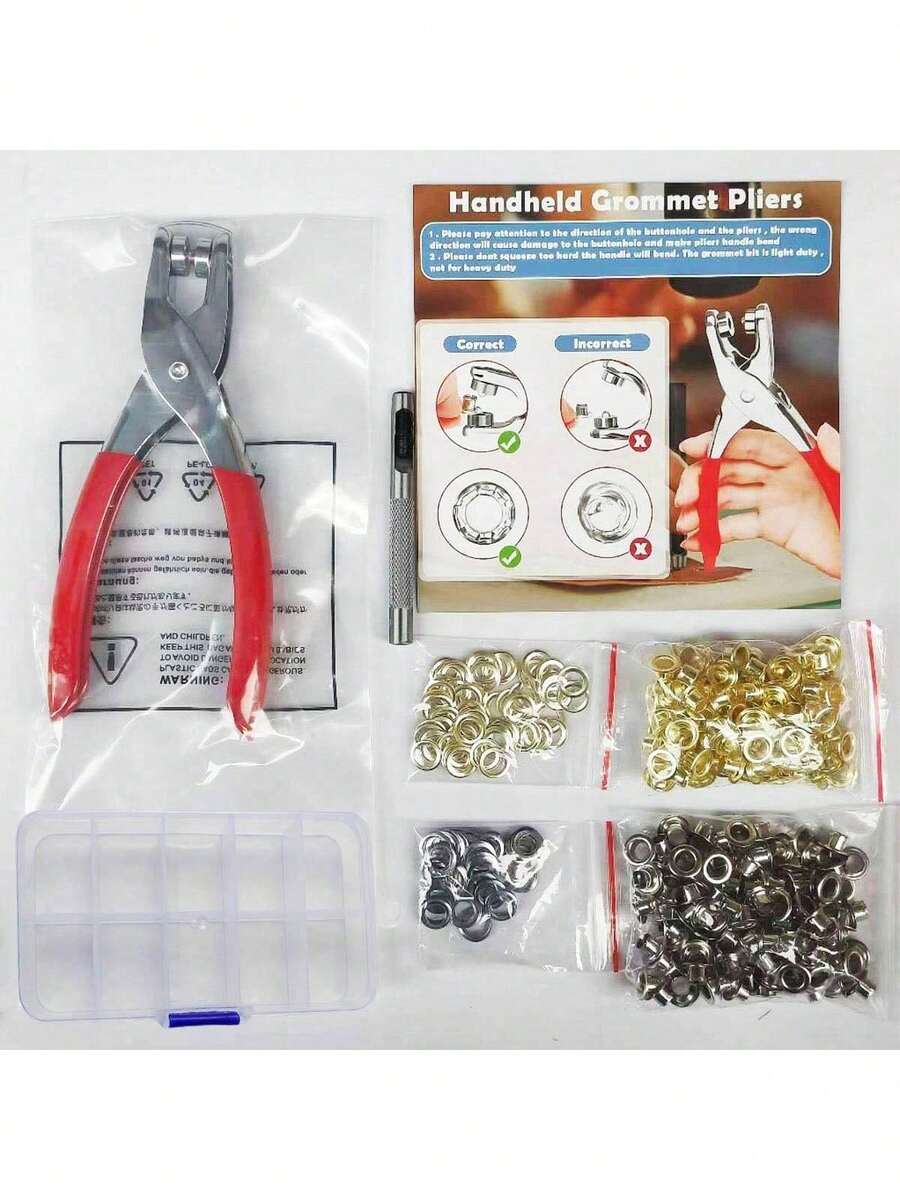 Set 202/402pcs, Kancing Jepret Lubang Dalam 6mm Dengan Pelat Pendukung, Set Kancing Eyelet + Kotak Penyimpanan, Tang Eyelet, Set Eyelet Kancing Jepret Emas & Perak, Termasuk Tang, Pelubang dan Alat Jahit, Kotak Gratis, Pengikat Logam, Set Penjepit Tang Baja Tahan Karat, Kit Alat Pengikat Tiga Cabang, Pakaian, Kerajinan Kulit dan Alat Jahit Buatan Tangan