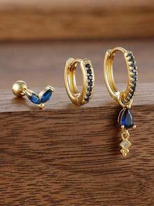 3pcs/Set Pendientes de acero inoxidable chapados en oro de 18K con forma de gota de agua triangular y circonita cúbica, regalo de joyería de moda creativa para fiestas de mujeres - Juego de pendientes de 3 piezas. - Ver 8